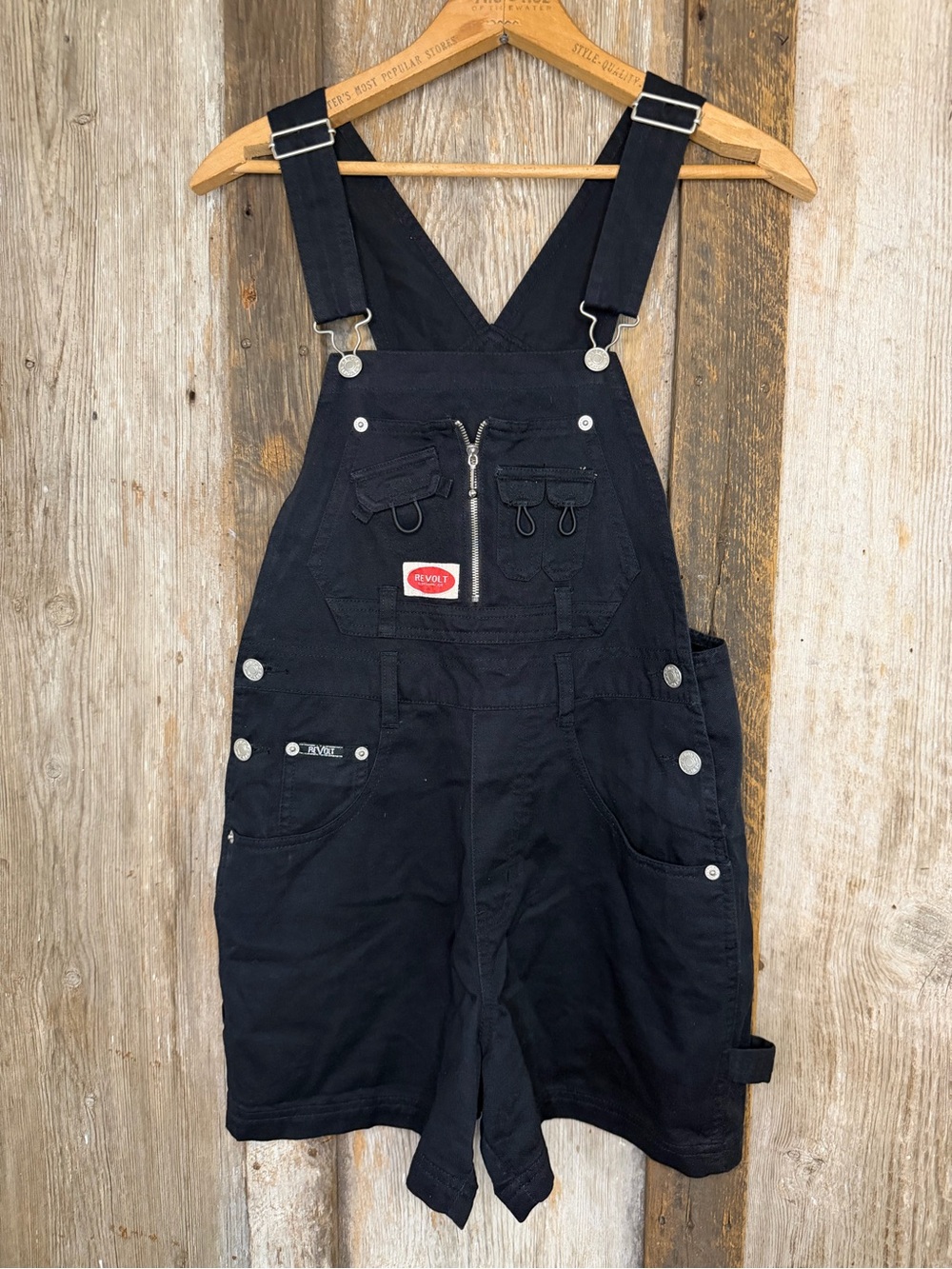 VTG 90s Y2K Revolt Black Cotton Denim Short Utility Cargo  Overalls Size Small